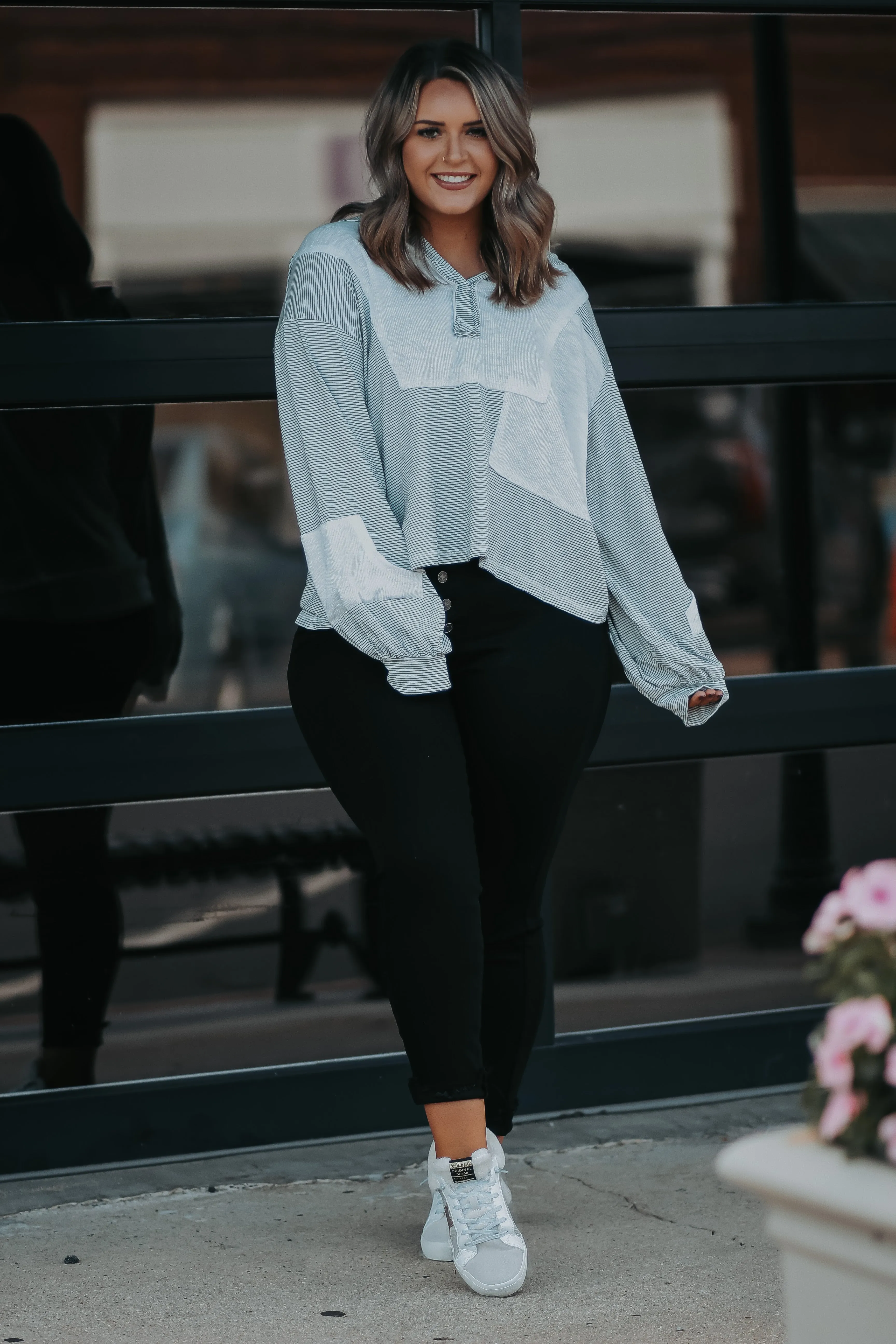 Black & Ivory Stripe Contrast Hooded Top