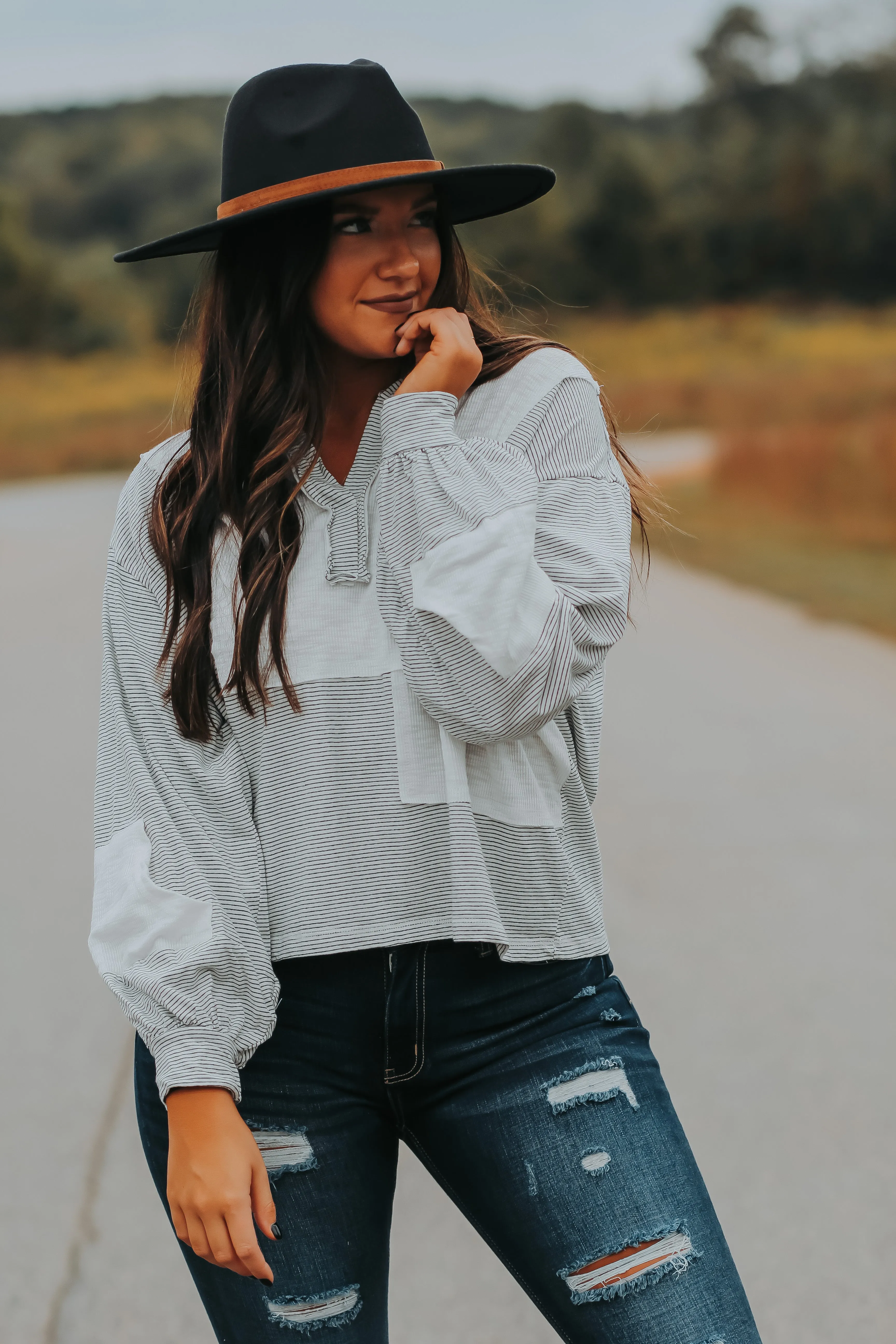 Black & Ivory Stripe Contrast Hooded Top