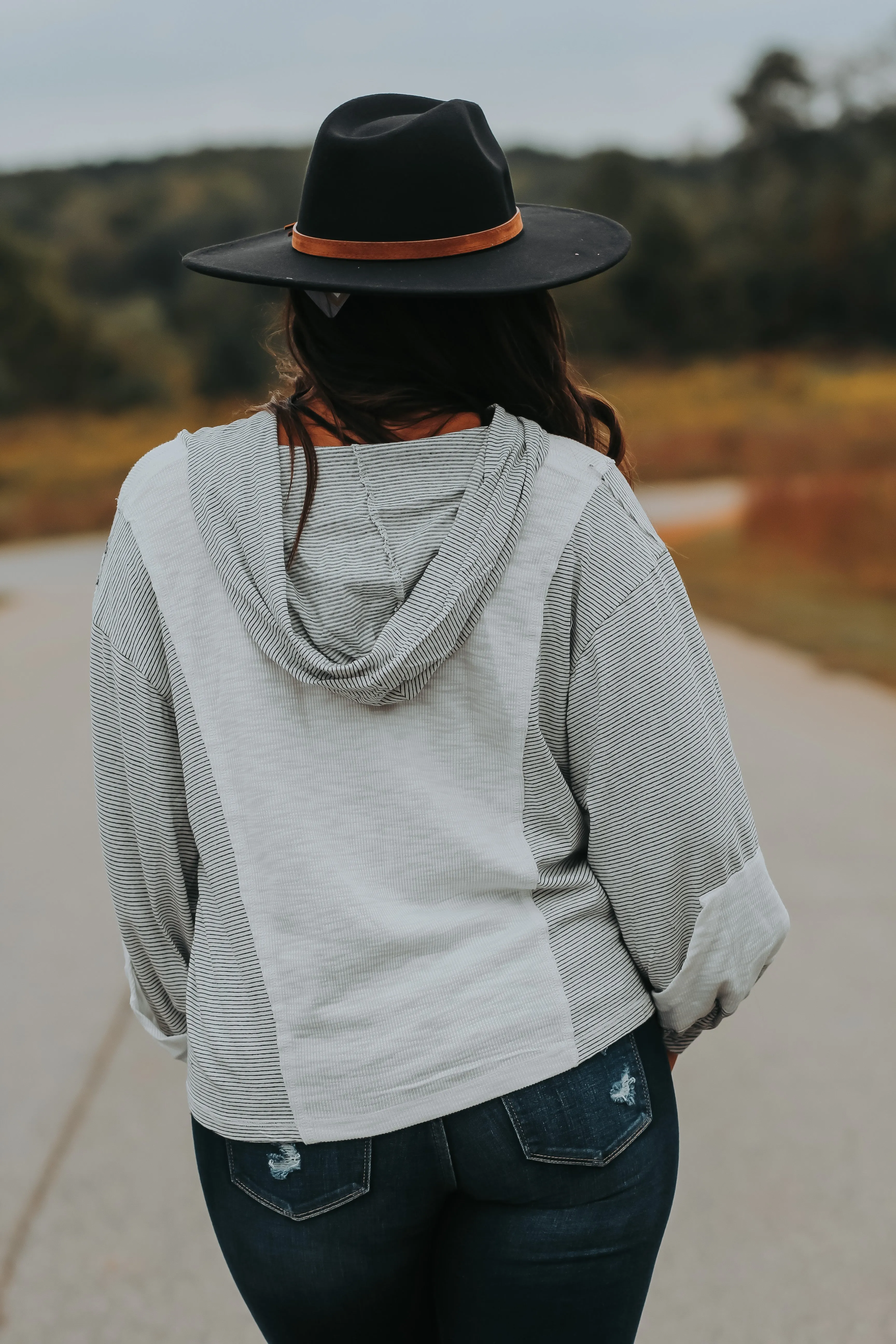 Black & Ivory Stripe Contrast Hooded Top