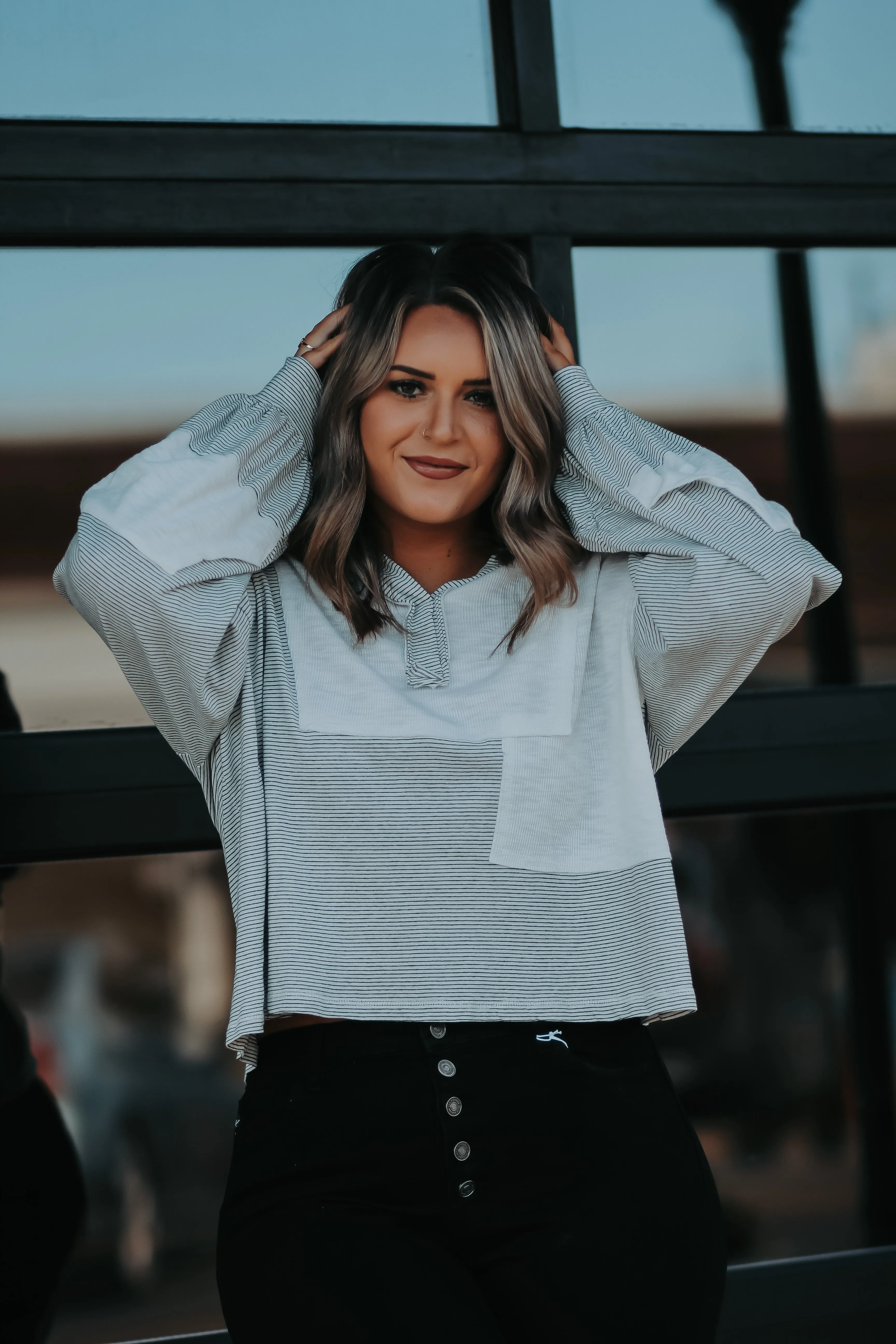 Black & Ivory Stripe Contrast Hooded Top