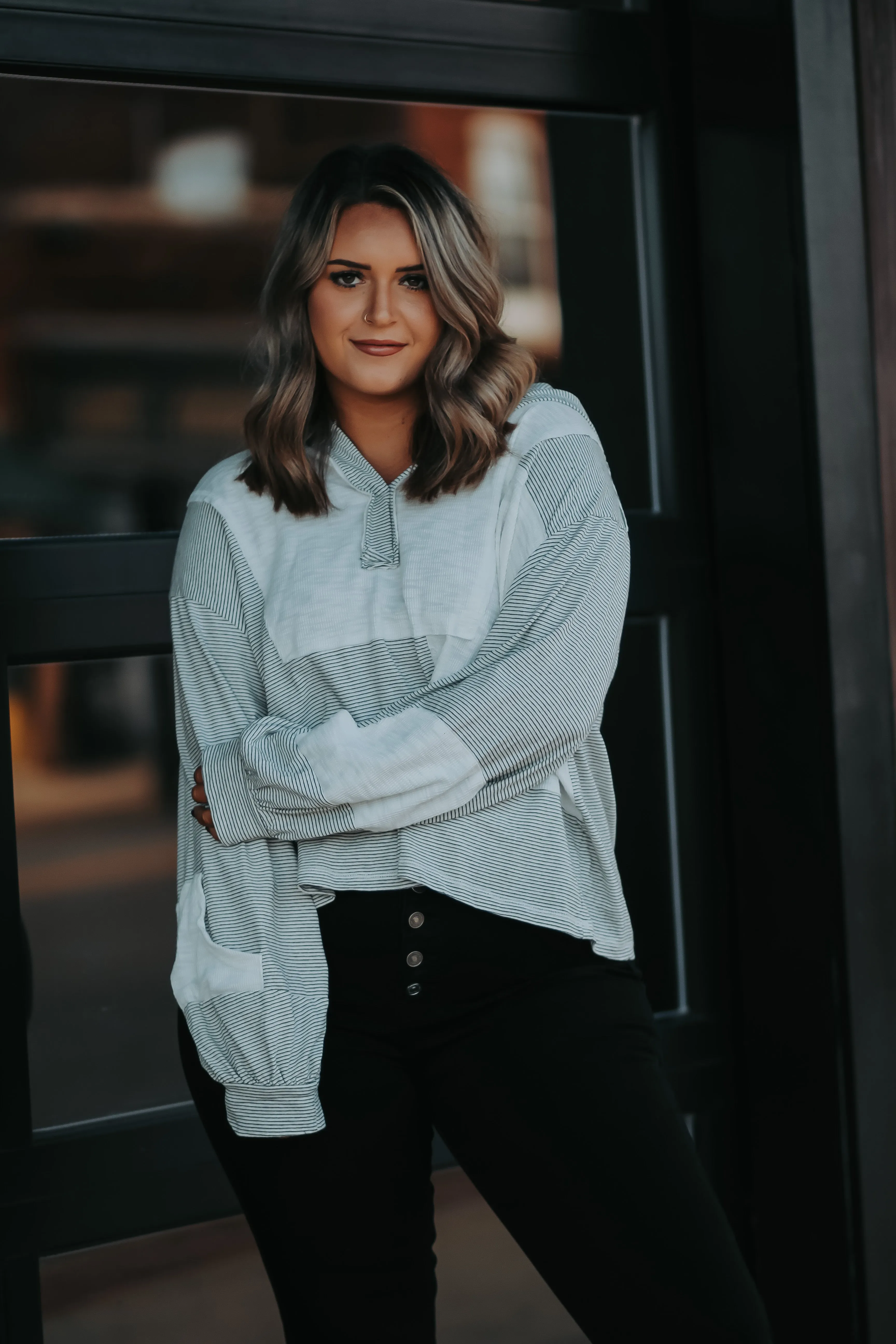 Black & Ivory Stripe Contrast Hooded Top