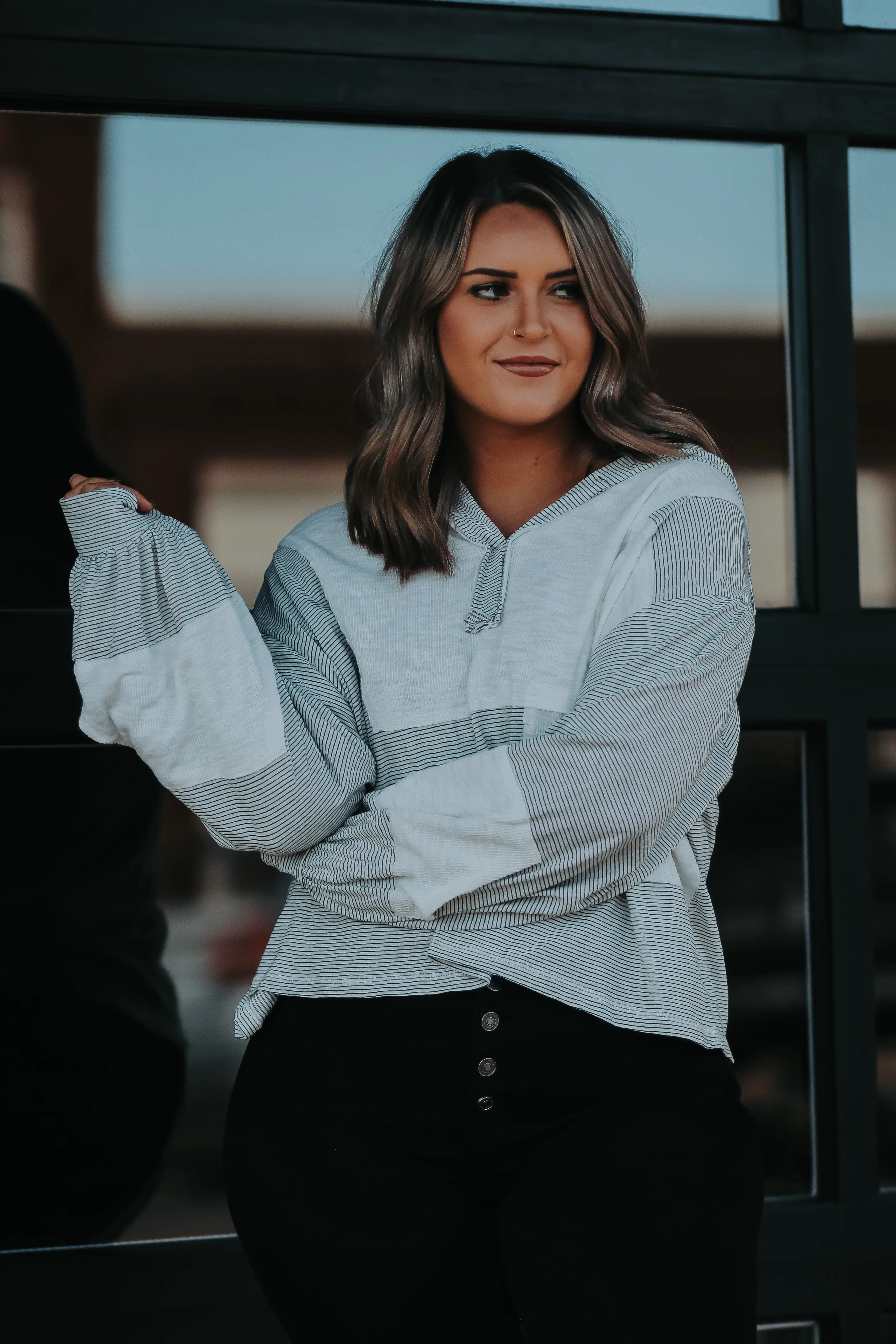 Black & Ivory Stripe Contrast Hooded Top