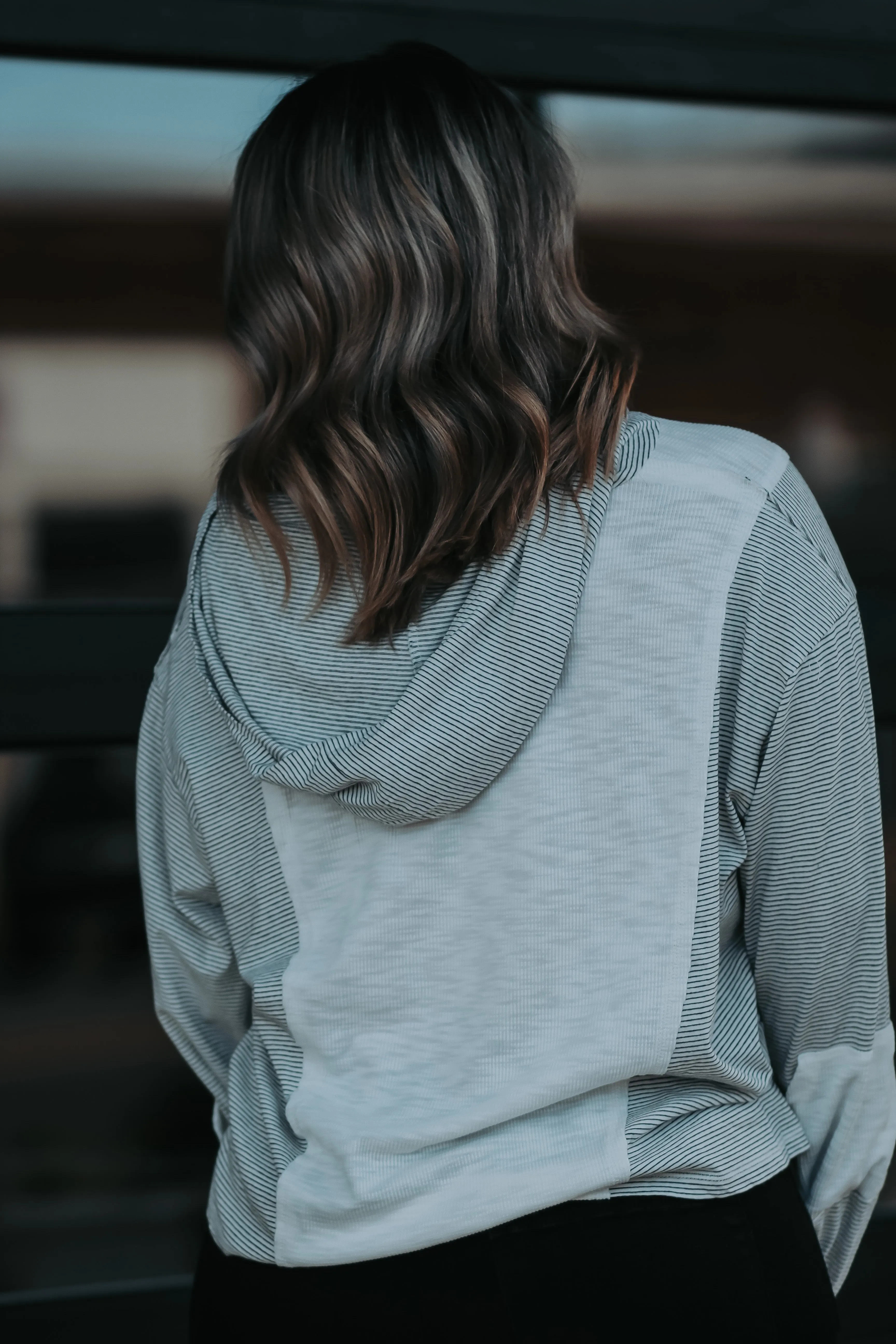 Black & Ivory Stripe Contrast Hooded Top
