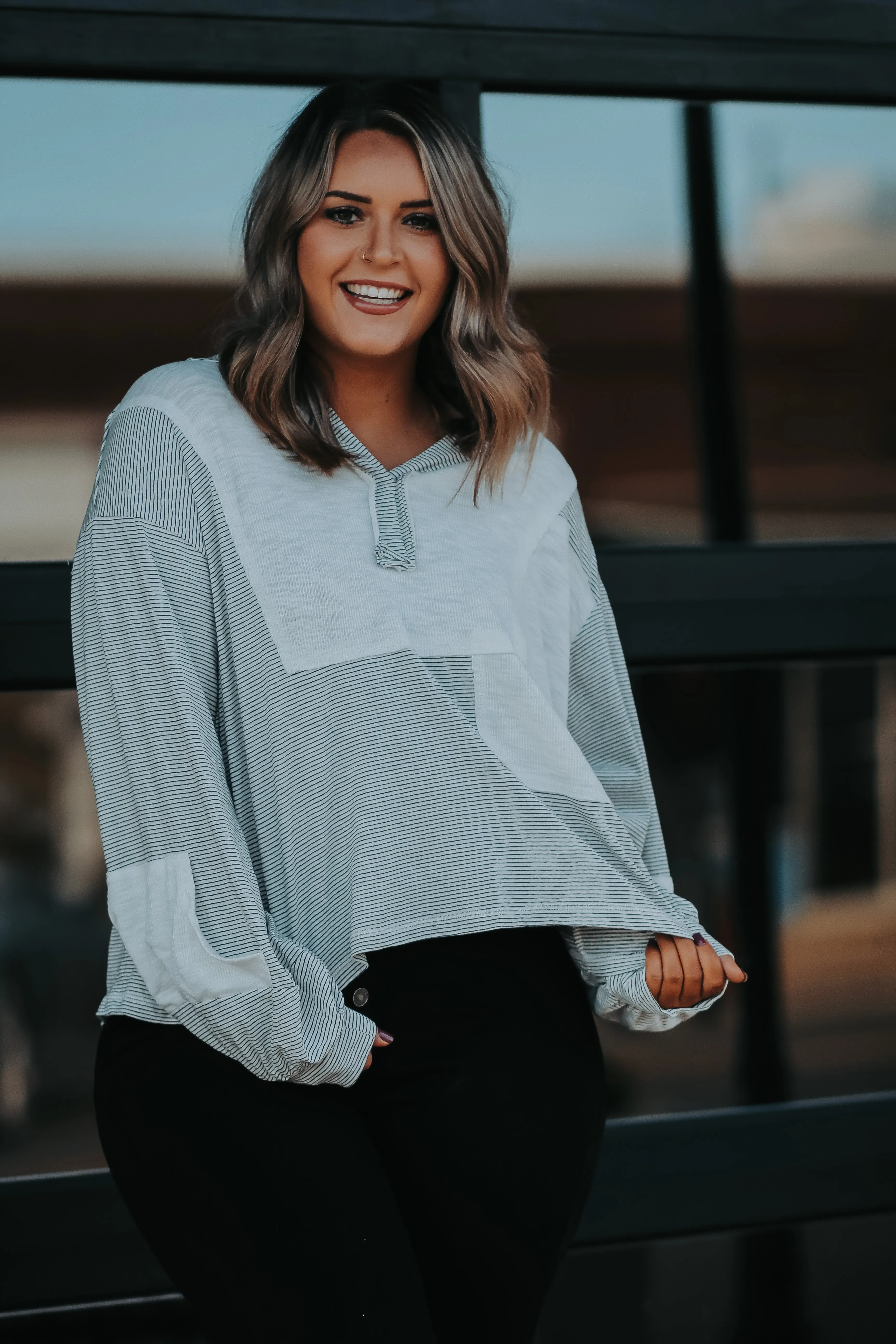 Black & Ivory Stripe Contrast Hooded Top