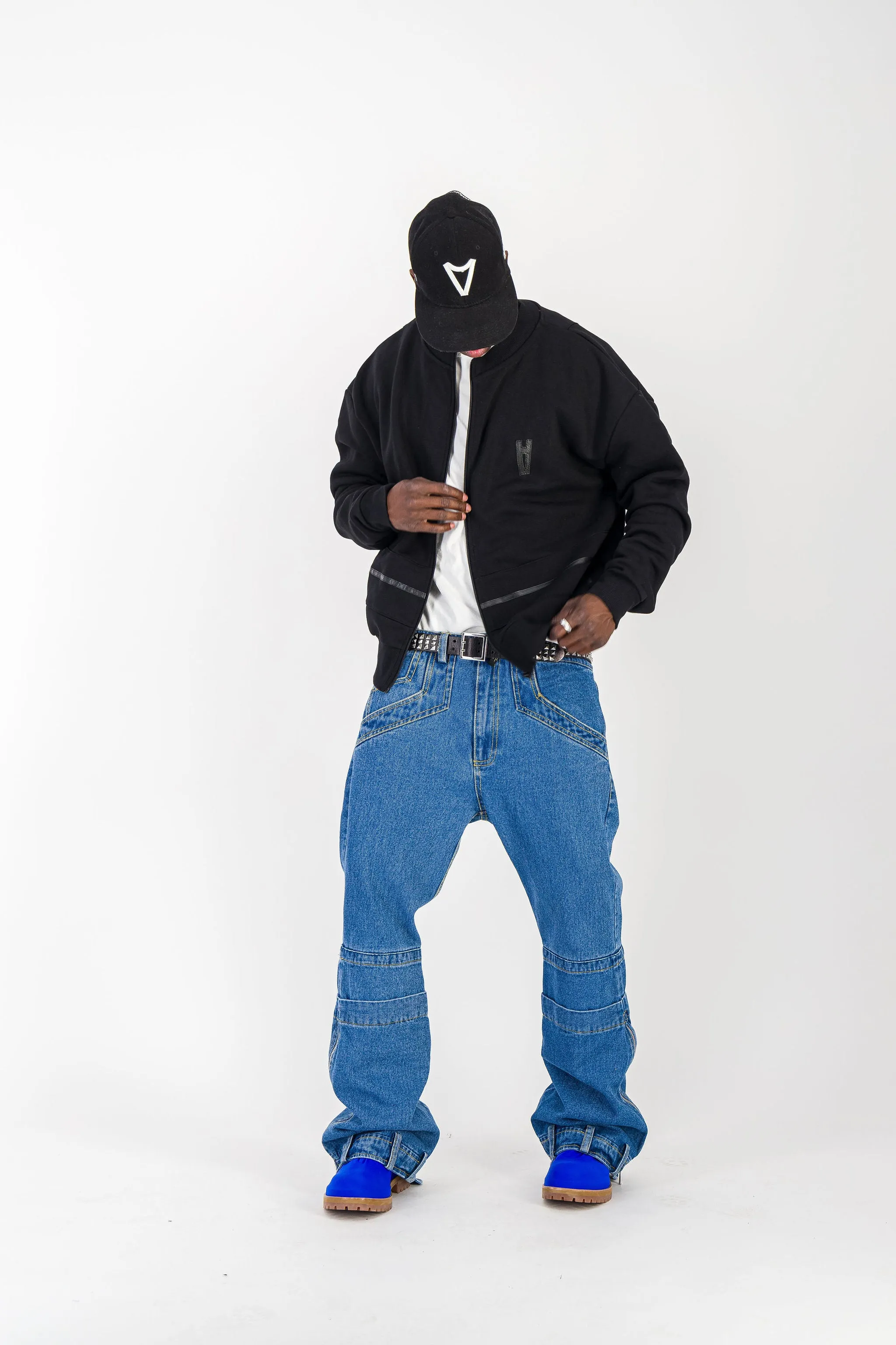 BLACK CREWNECK BOMBER JACKET W/ LEATHER LOGO