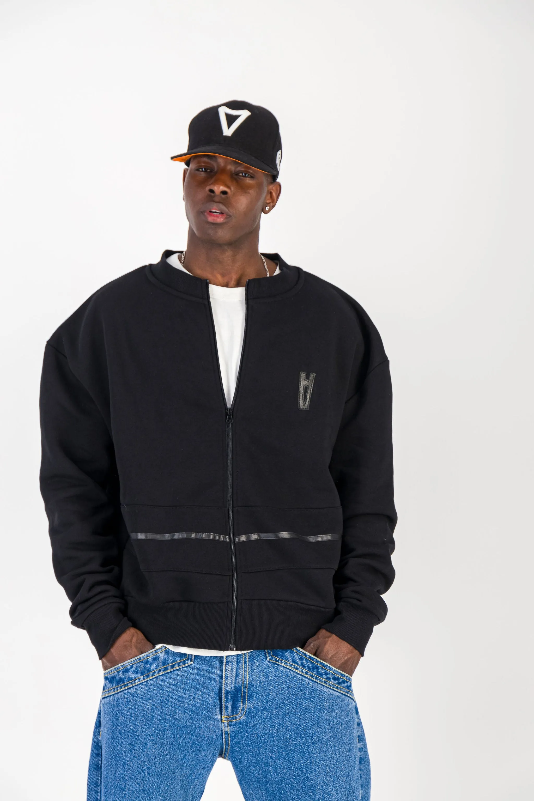 BLACK CREWNECK BOMBER JACKET W/ LEATHER LOGO