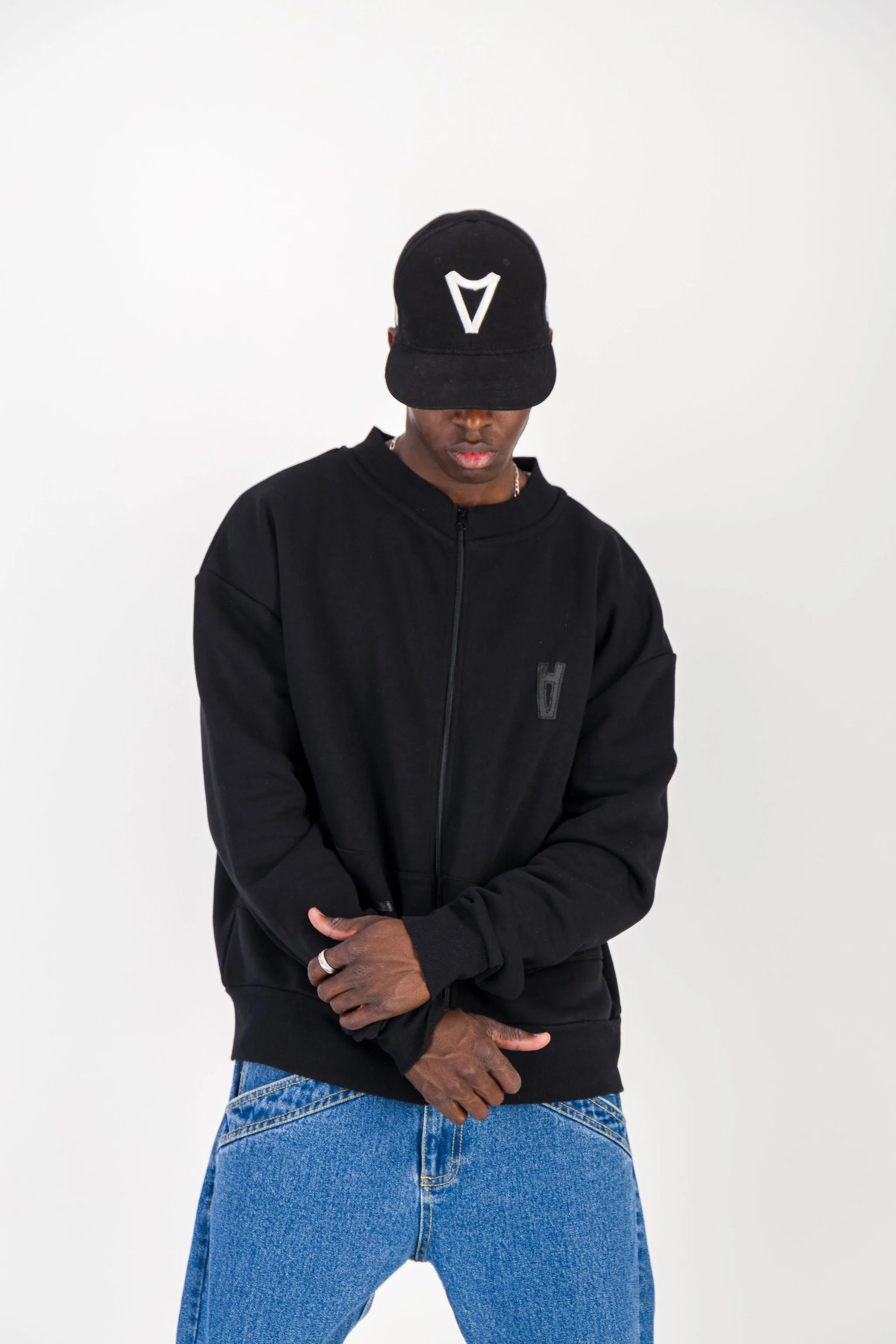BLACK CREWNECK BOMBER JACKET W/ LEATHER LOGO