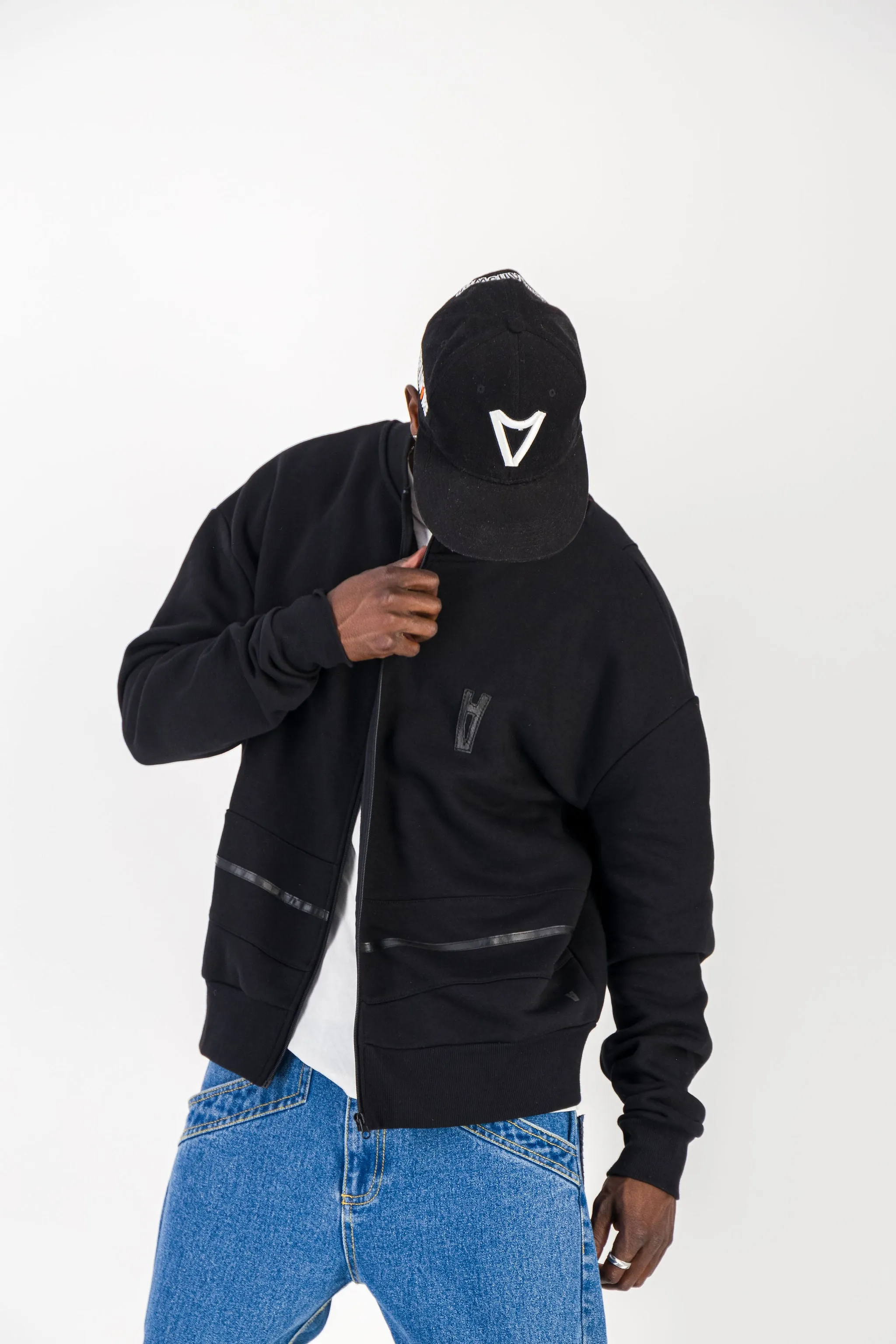 BLACK CREWNECK BOMBER JACKET W/ LEATHER LOGO