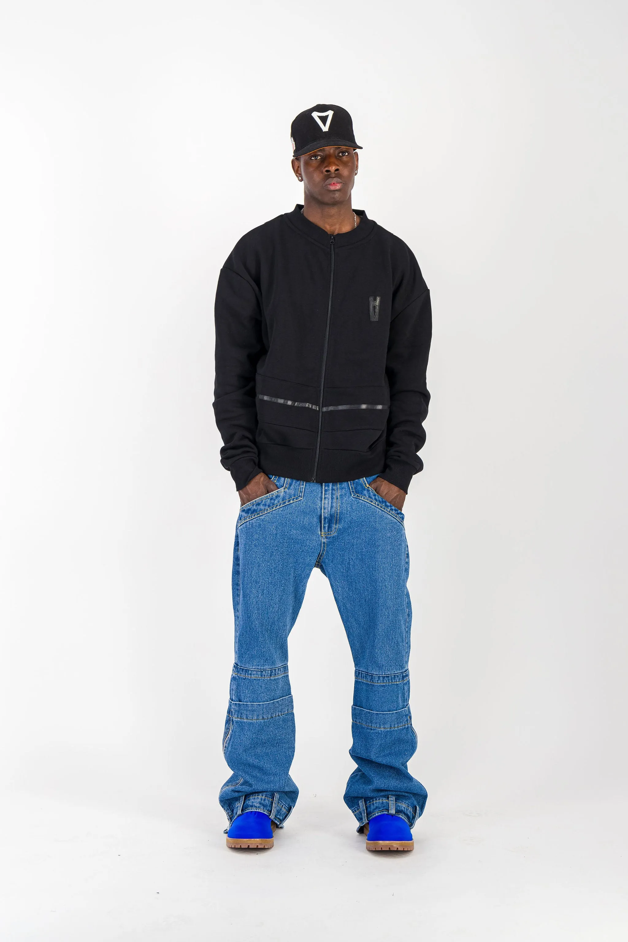 BLACK CREWNECK BOMBER JACKET W/ LEATHER LOGO