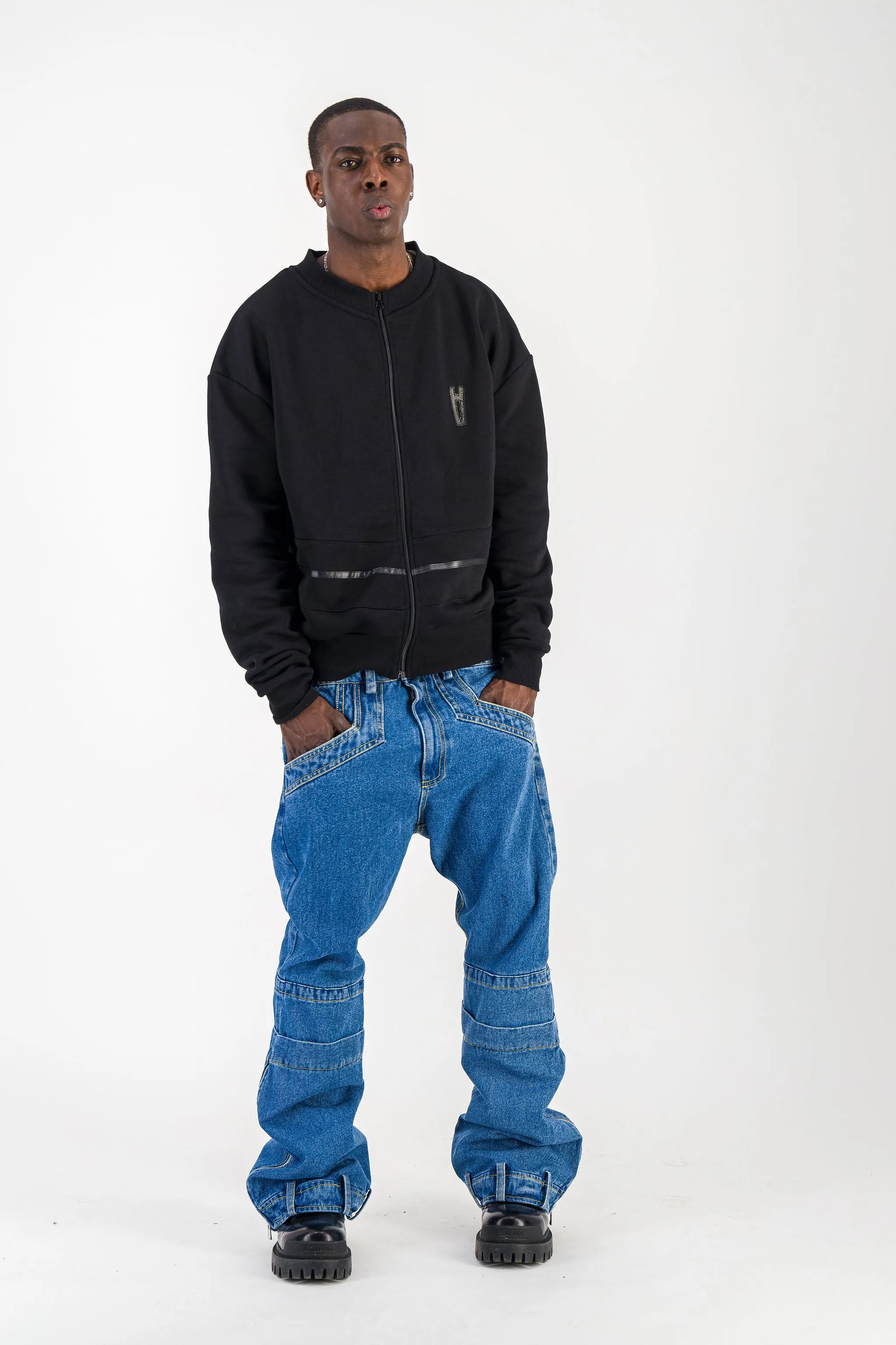 BLACK CREWNECK BOMBER JACKET W/ LEATHER LOGO