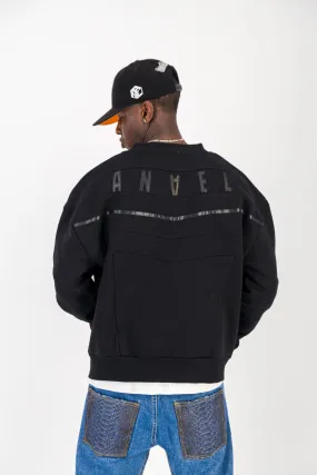 BLACK CREWNECK BOMBER JACKET W/ LEATHER LOGO