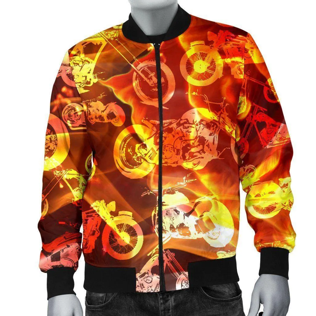 Flames Motorcycle Bomber Jacket, Polyester, Red/Orange/Black