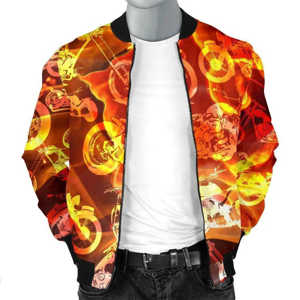 Flames Motorcycle Bomber Jacket, Polyester, Red/Orange/Black