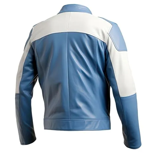 Leather Jets Mens Dusty Blue White Genuine Sheepskin Racing Sportswear Stand Collar Sleek Zipup Motorcycle Leather Jacket