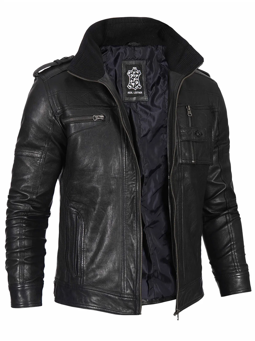 Mens Black Waxed Cafe Racer Leather Jacket