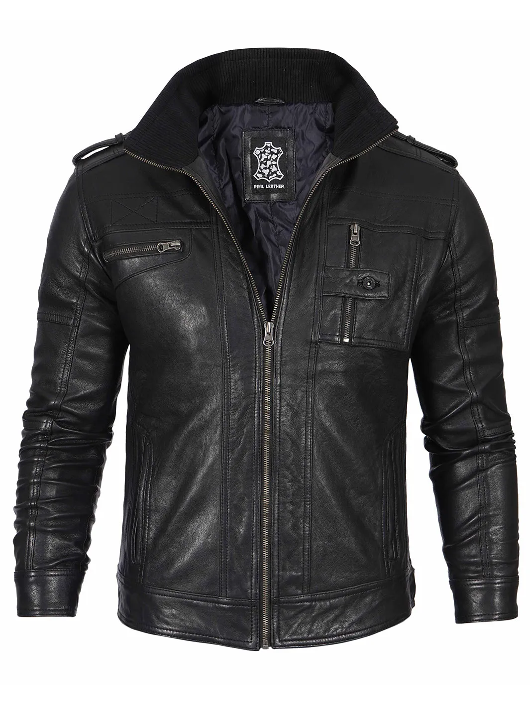 Mens Black Waxed Cafe Racer Leather Jacket