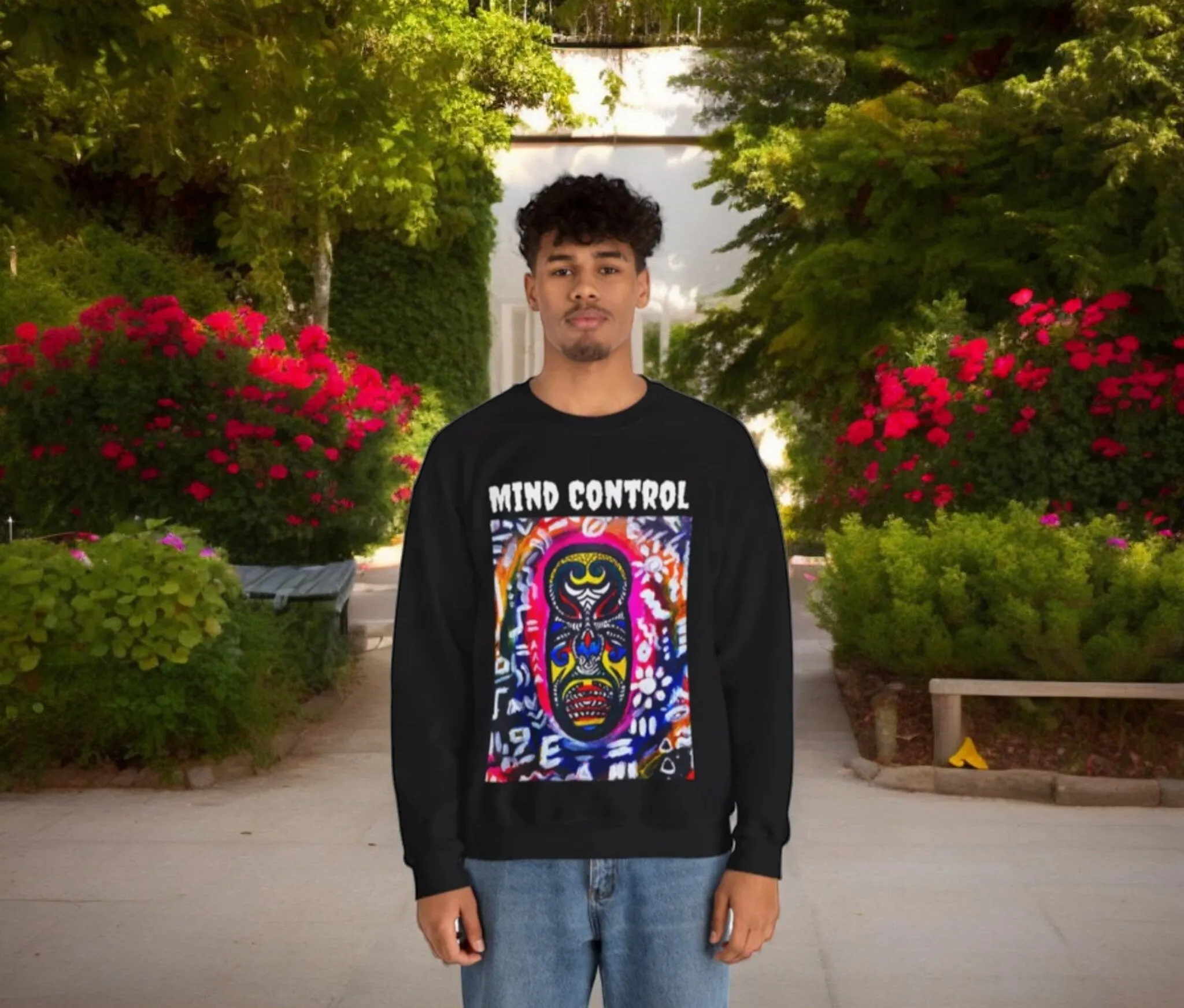 Tribal Mask Unisex Heavy Blend Crewneck Sweatshirt, Unique Quote on Back, Ethically Made