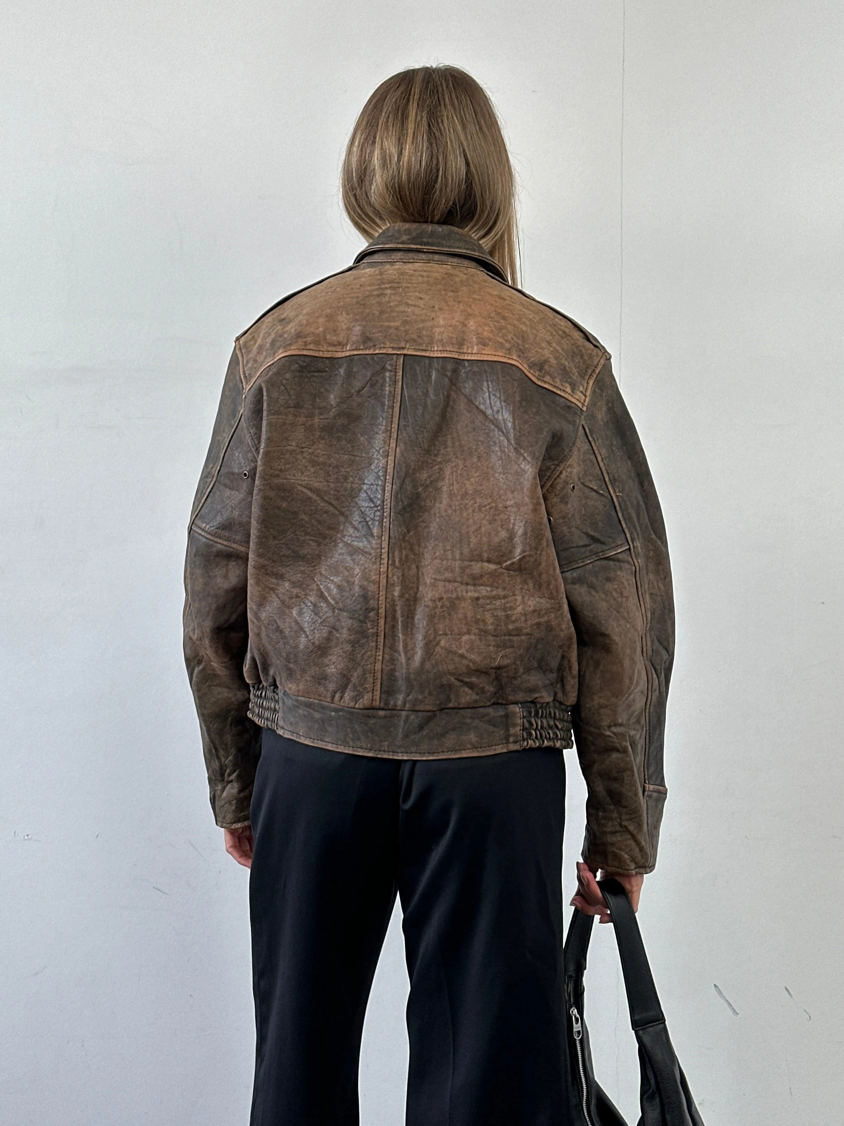 Vintage Distressed Leather Bomber Jacket - M/L