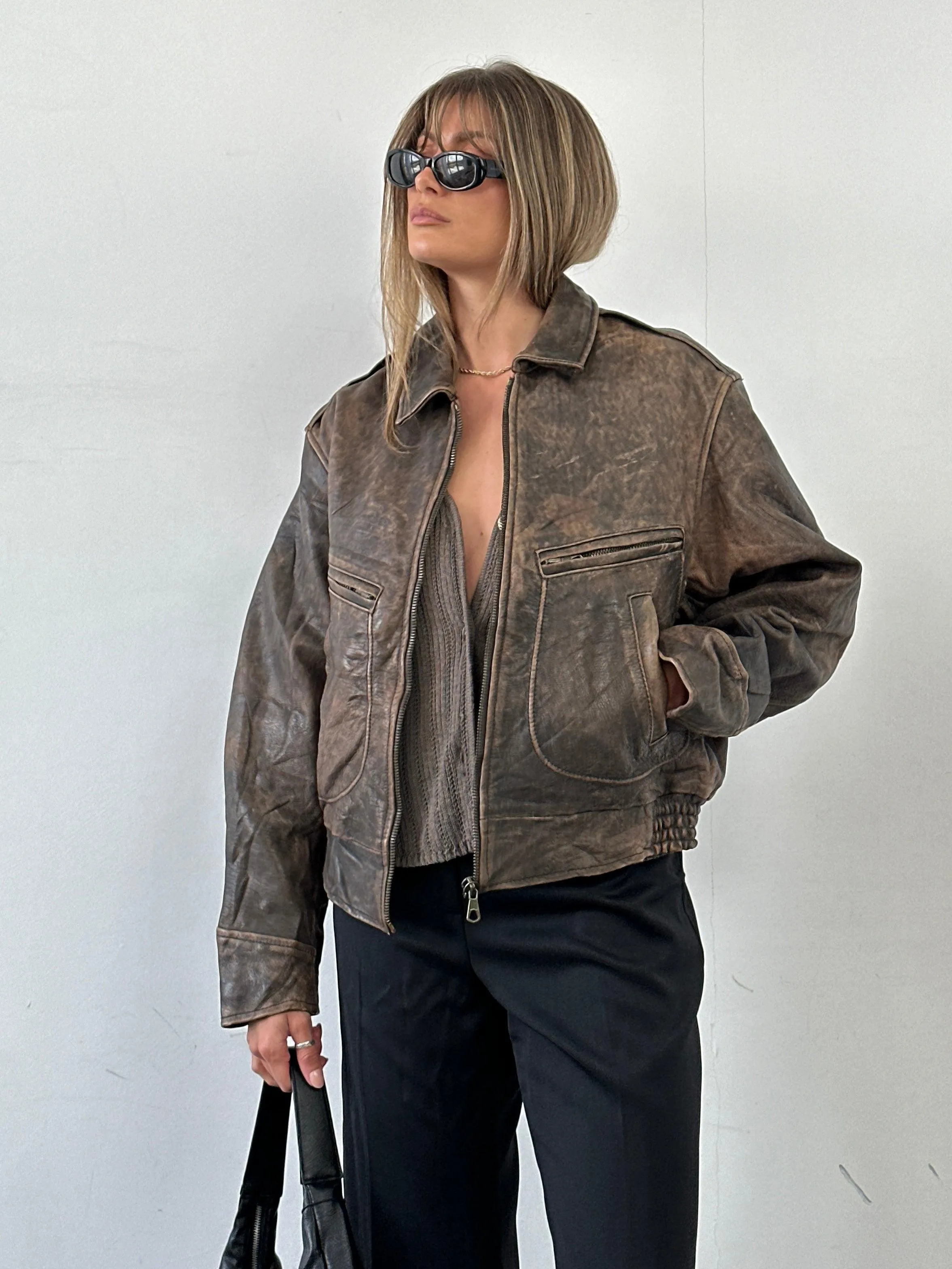 Vintage Distressed Leather Bomber Jacket - M/L