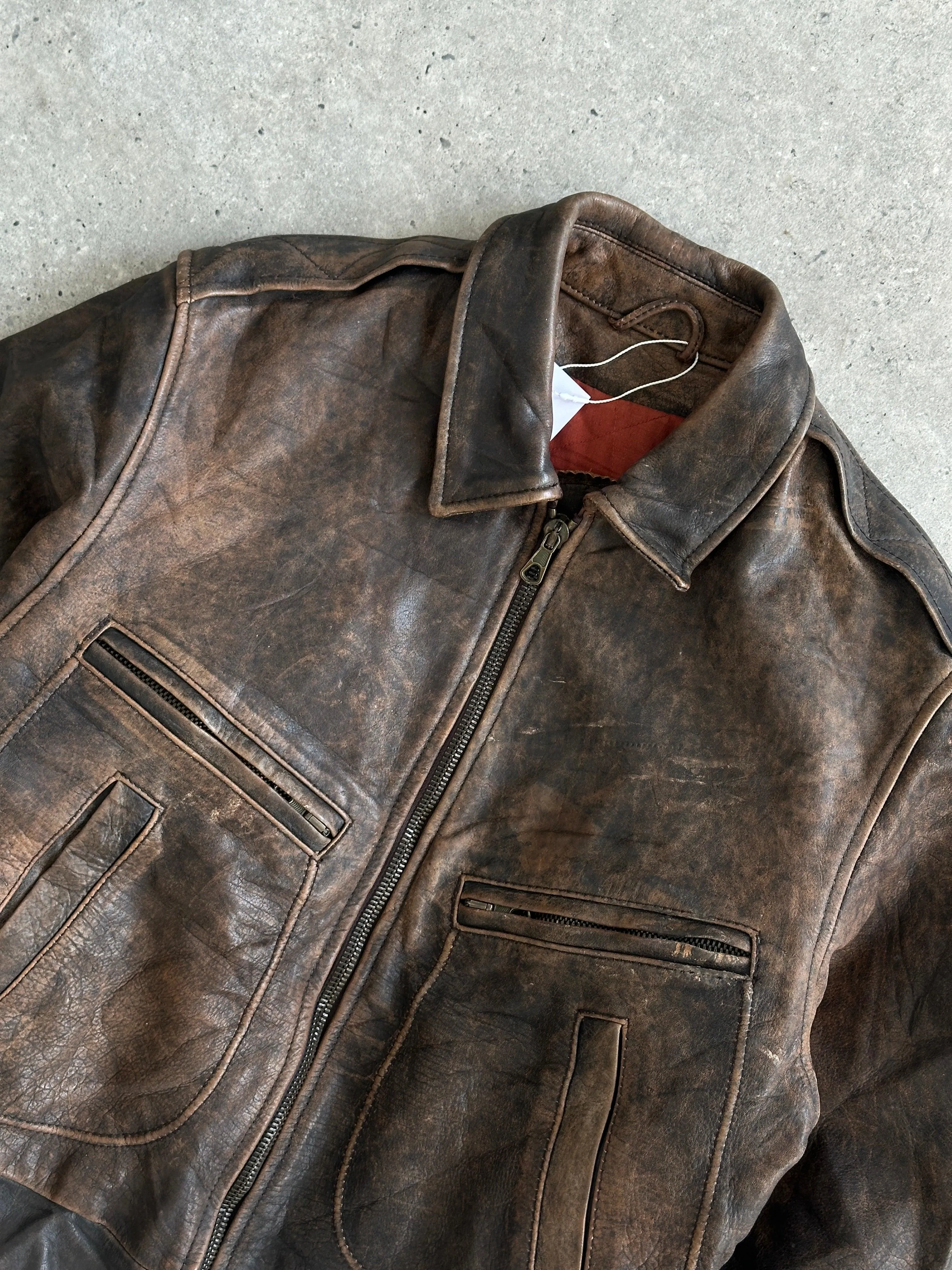 Vintage Distressed Leather Bomber Jacket - M/L